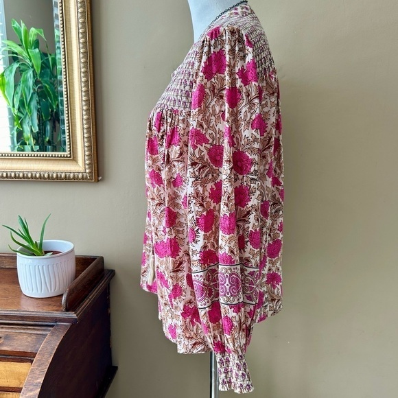 Rachel Zoe Pink Floral Boho Peasant Blouse Smocked Tie Neck Size L - Picture 3 of 10